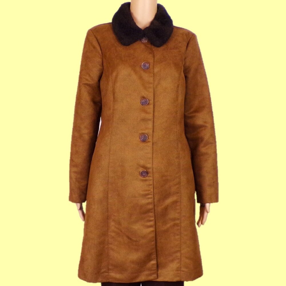 BENTLEY A. size M brown mid-thigh coat faux-fur collar 100% polyester dry clean